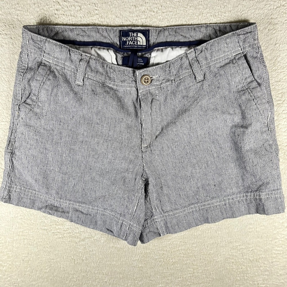 The North Face Womens Blue White Pinstripe Linen Cotton‎ Shorts Size 6 Long
